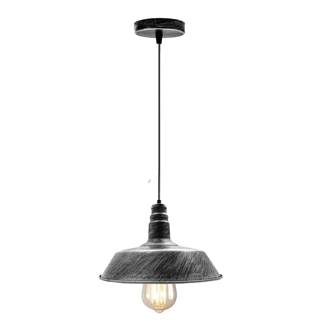 Easy Fit Modern Brushed Silver Pendant Shade hanging from a ceiling, showcasing its vintage design and brushed silver finish.