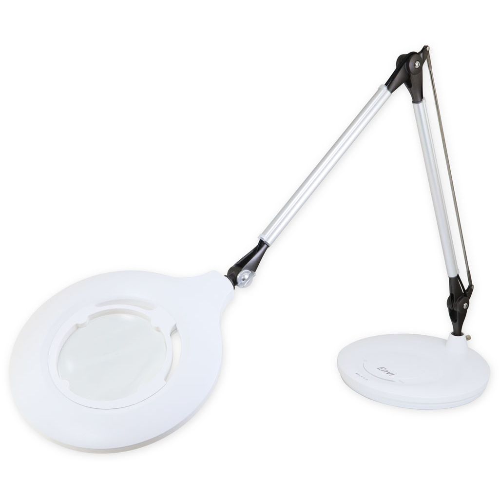 EnviLoupe lamp and magnifier with articulated arm and 110mm lens, showcasing its bright LED lighting and ergonomic design.