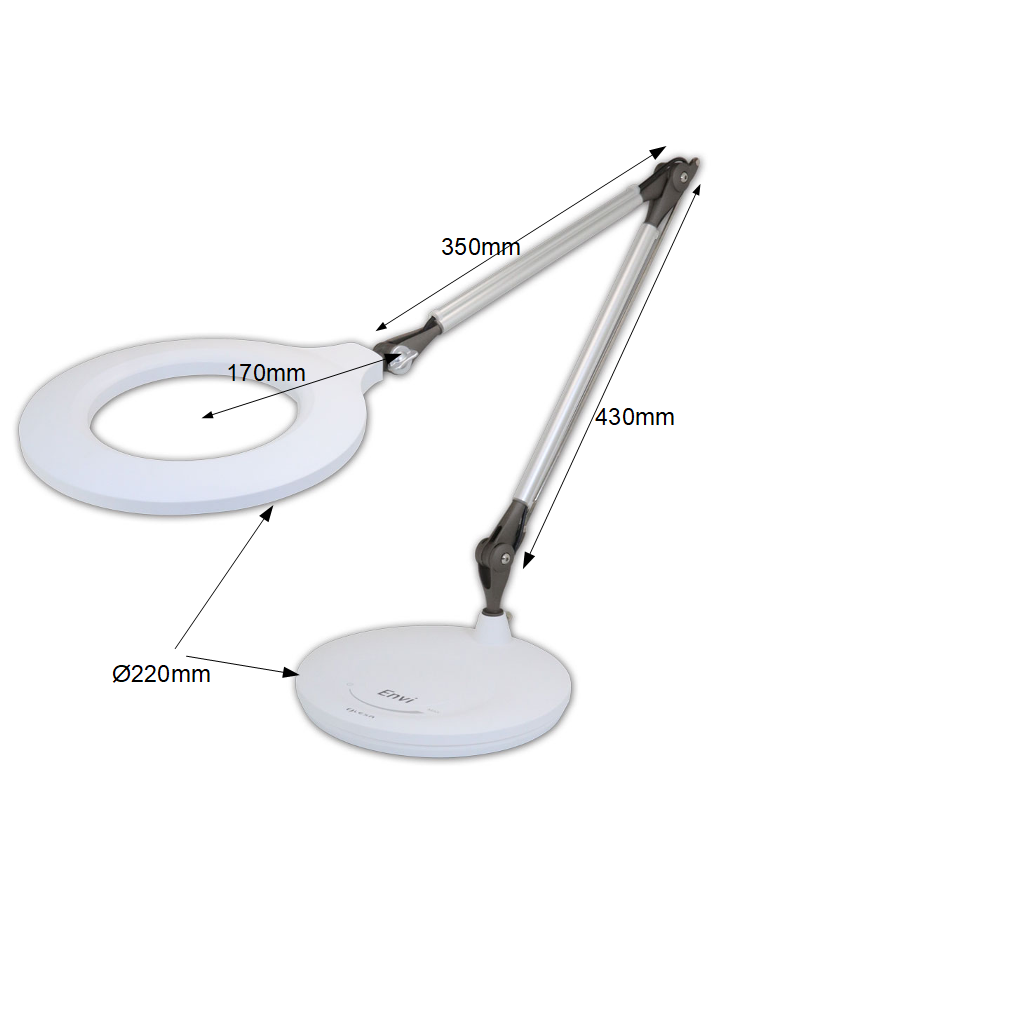 EnviLoupe lamp and magnifier with articulated arm and 110mm lens, showcasing its bright LED lighting and ergonomic design.