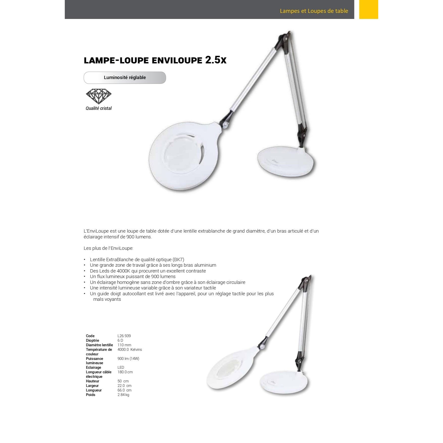 EnviLoupe lamp and magnifier with articulated arm and 110mm lens, showcasing its bright LED lighting and ergonomic design.