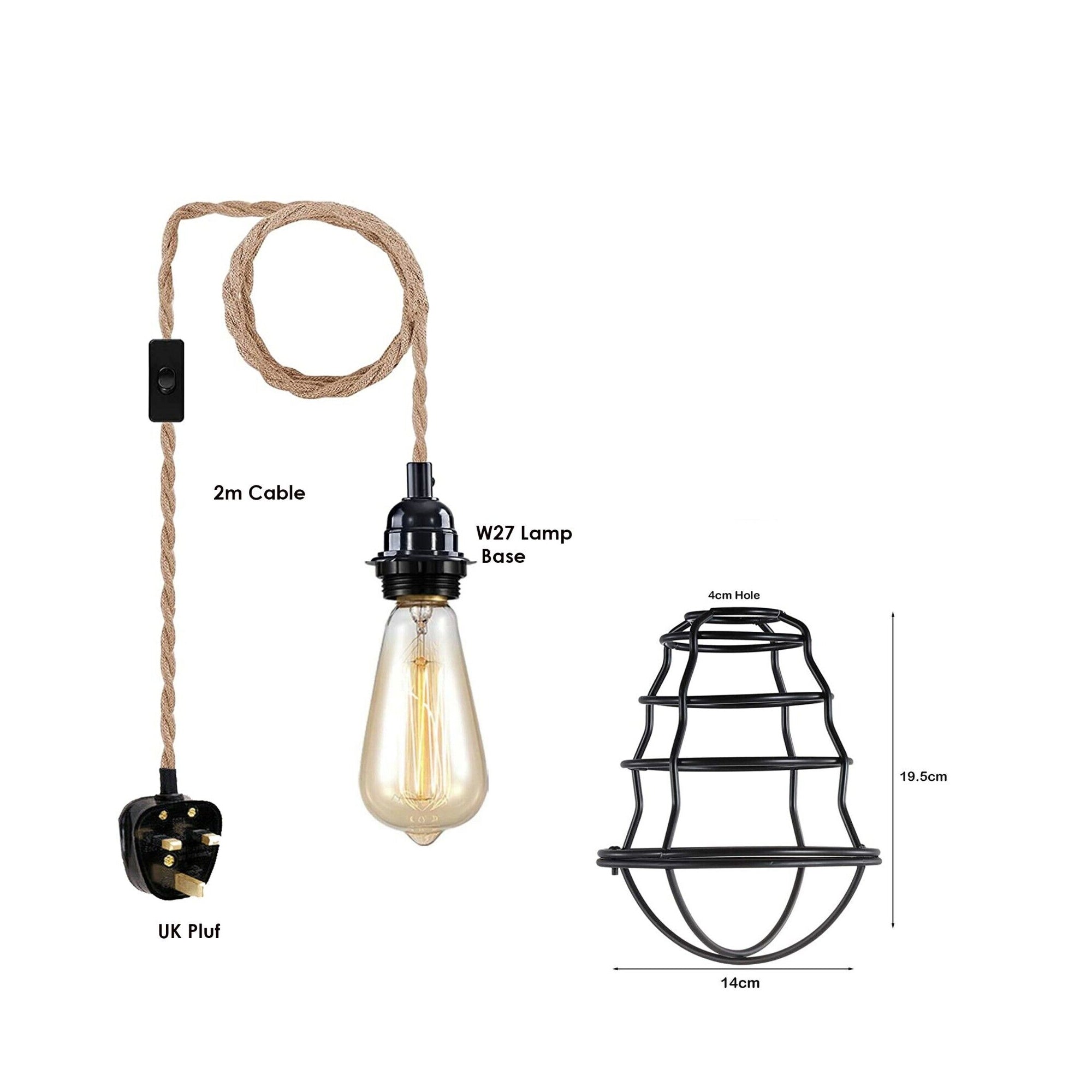 Fabric Hemp Flex Cable Kit Black Plug In Pendant Lamp Light E27 with adjustable cord and metal cage design, perfect for modern home decor.