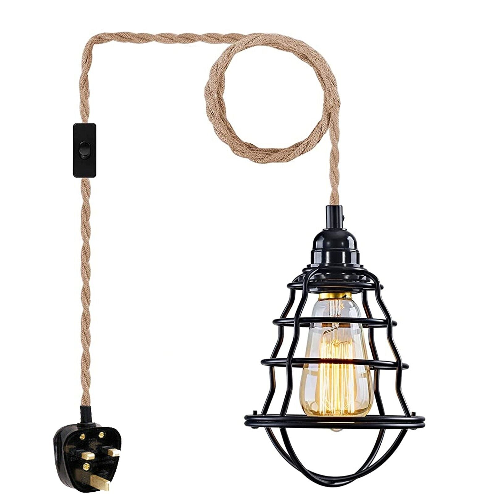 Fabric Hemp Flex Cable Kit Black Plug In Pendant Lamp Light E27 with adjustable cord and metal cage design, perfect for modern home decor.