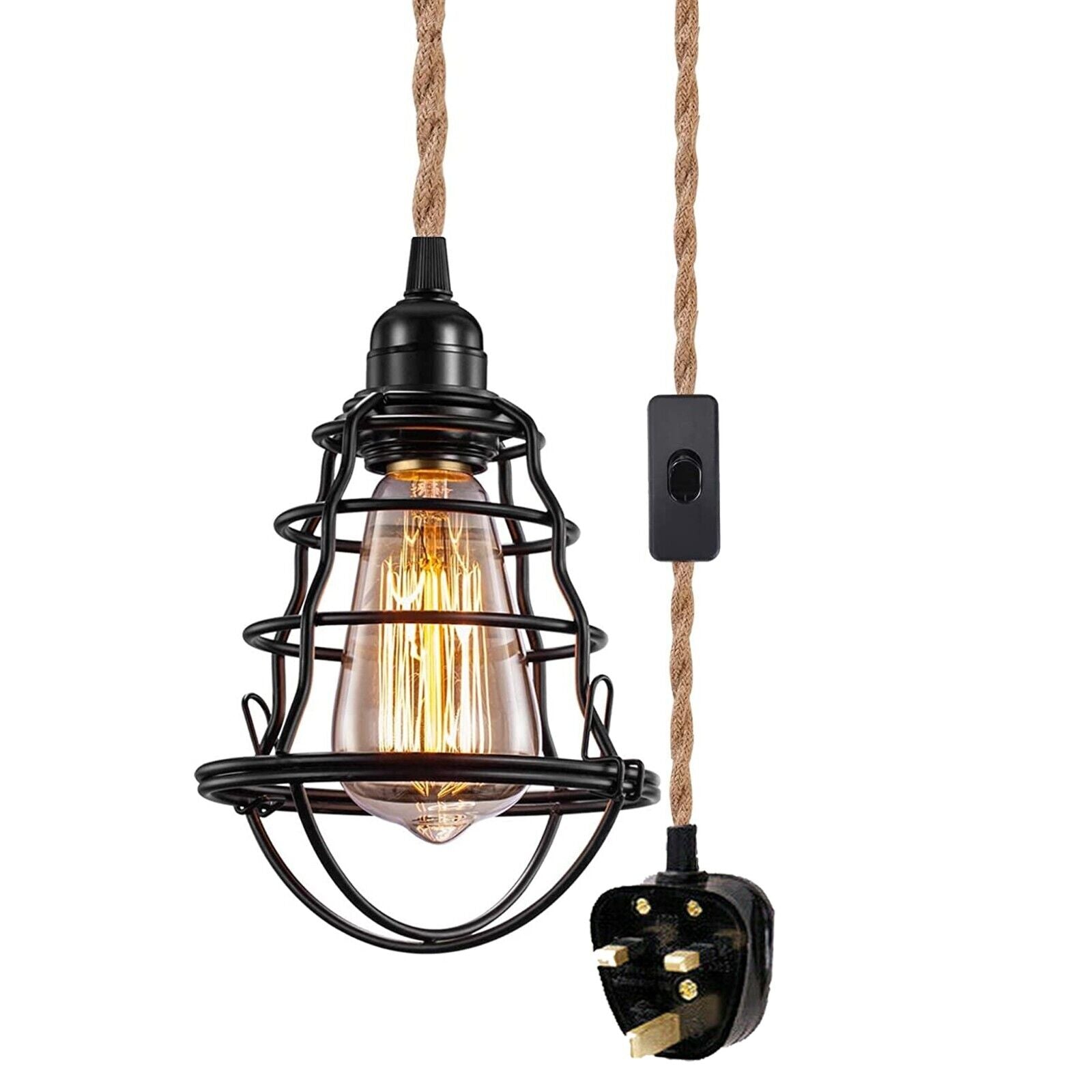 Fabric Hemp Flex Cable Kit Black Plug In Pendant Lamp Light E27 with adjustable cord and metal cage design, perfect for modern home decor.