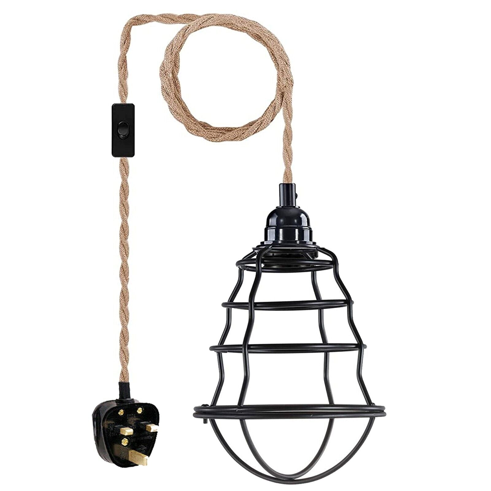 Fabric Hemp Flex Cable Kit Black Plug In Pendant Lamp Light E27 with adjustable cord and metal cage design, perfect for modern home decor.