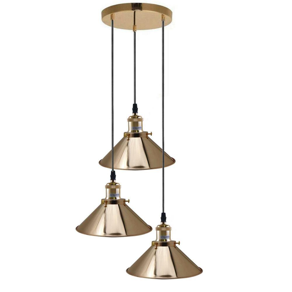 French Gold 3 Head Vintage Industrial Ceiling Light with adjustable cables and metal shades, showcasing a modern vintage design.