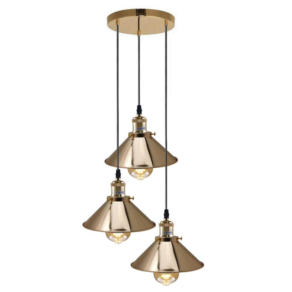 French Gold 3 Head Vintage Industrial Ceiling Light with adjustable cables and metal shades, showcasing a modern vintage design.