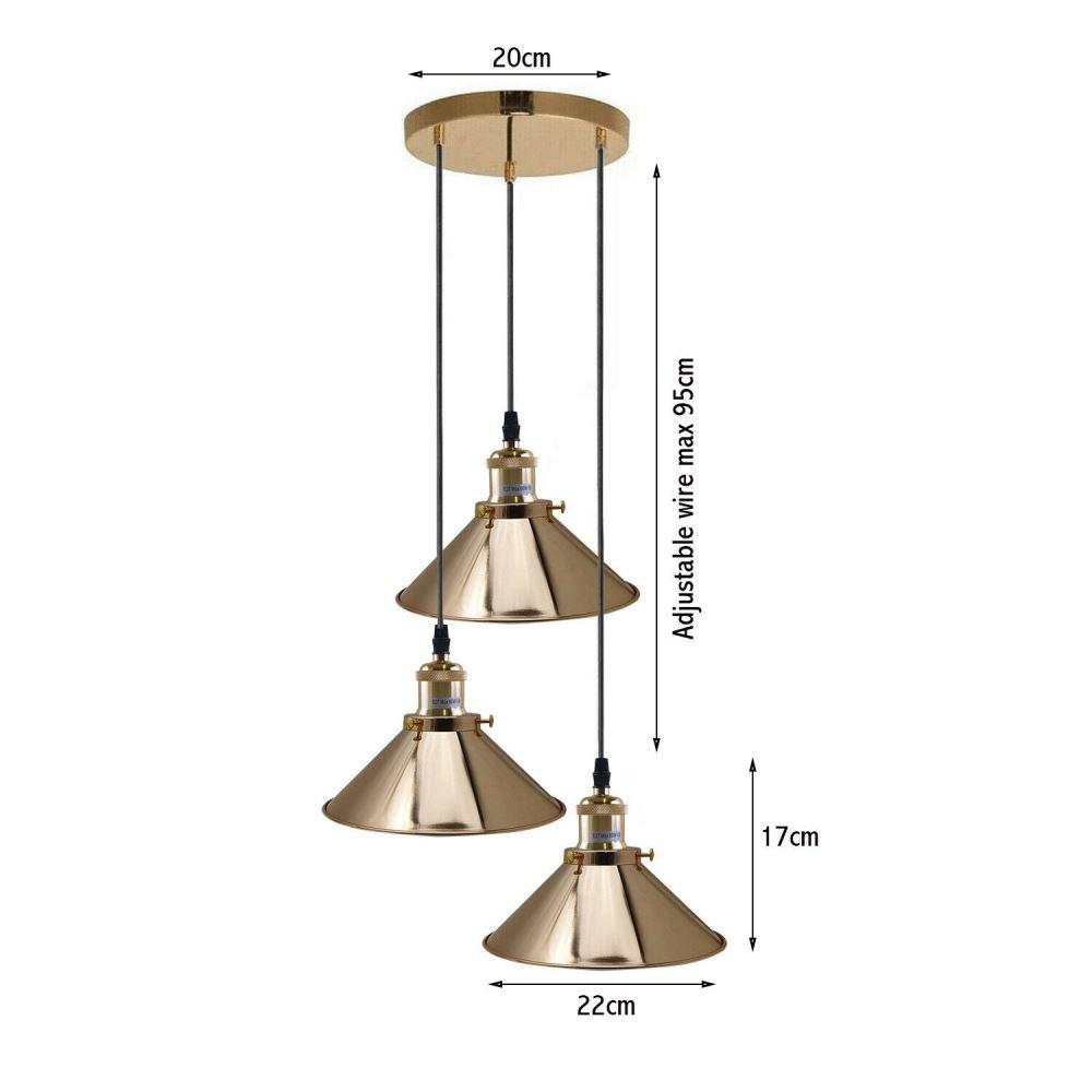 French Gold 3 Head Vintage Industrial Ceiling Light with adjustable cables and metal shades, showcasing a modern vintage design.