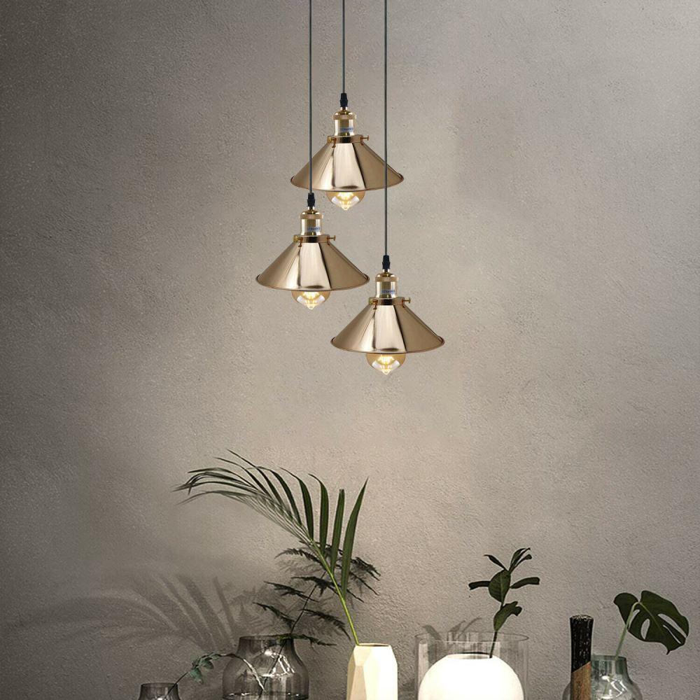 French Gold 3 Head Vintage Industrial Ceiling Light with adjustable cables and metal shades, showcasing a modern vintage design.