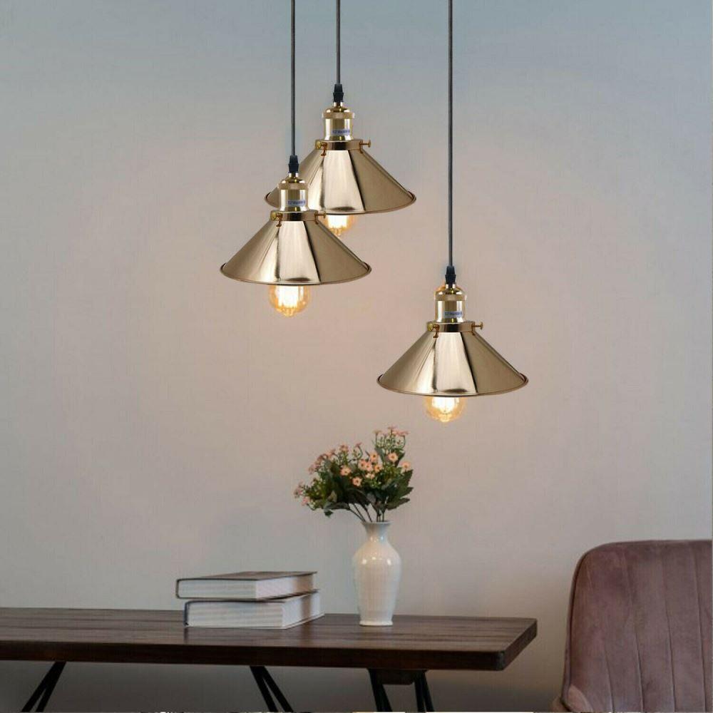 French Gold 3 Head Vintage Industrial Ceiling Light with adjustable cables and metal shades, showcasing a modern vintage design.