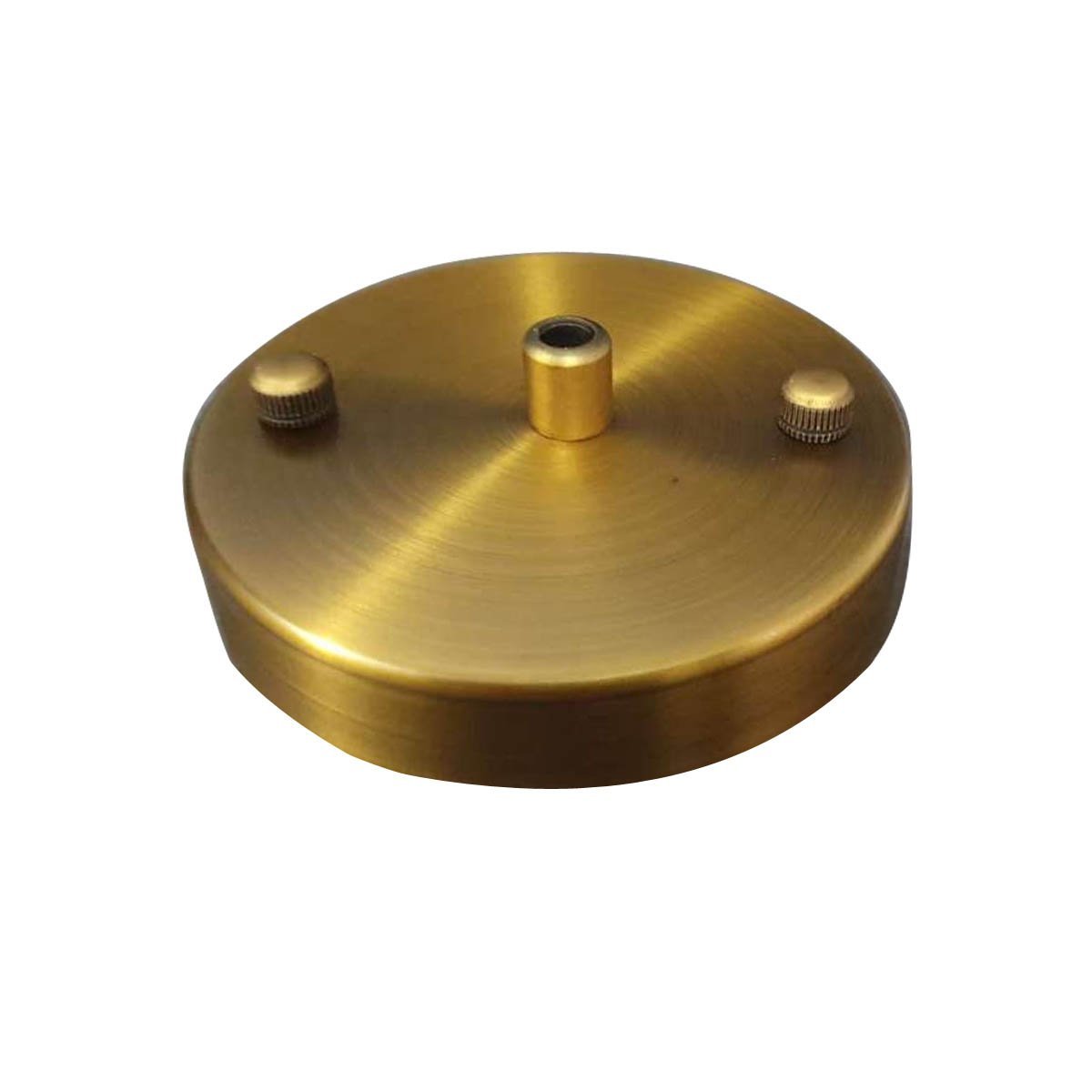 Front Fitting Single Point Yellow Brass Color Outlet Ceiling with a 100mm diameter and 10mm center hole, ideal for chandeliers.