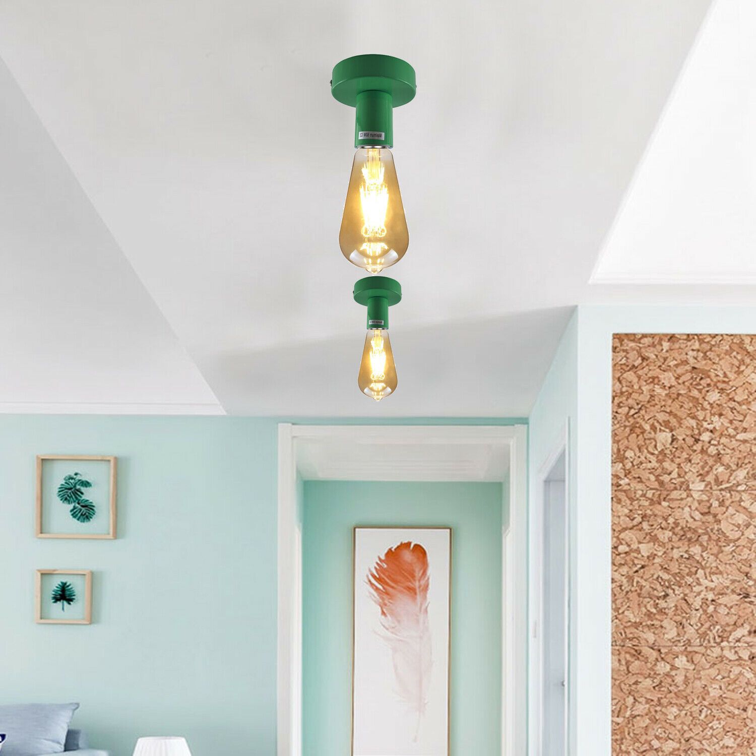 Green Flush Mount Ceiling Light Fitting showcasing its elegant design and E27 lamp base.