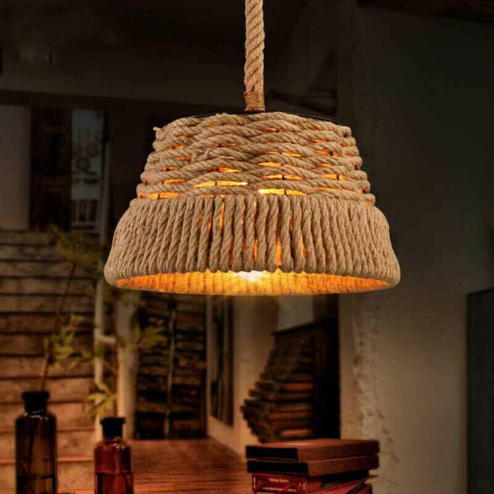 Hemp Rope Iron Industrial Light pendant lamp showcasing a rustic design with a hemp rope shade and iron holder.