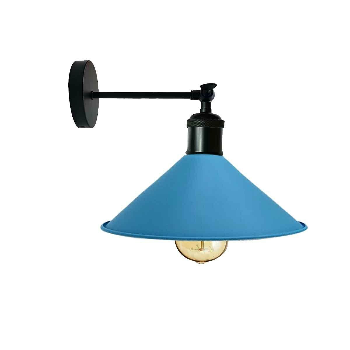 Industrial blue wall lamp with a vintage design, featuring a cone-shaped shade and adjustable arm, perfect for home and commercial use.