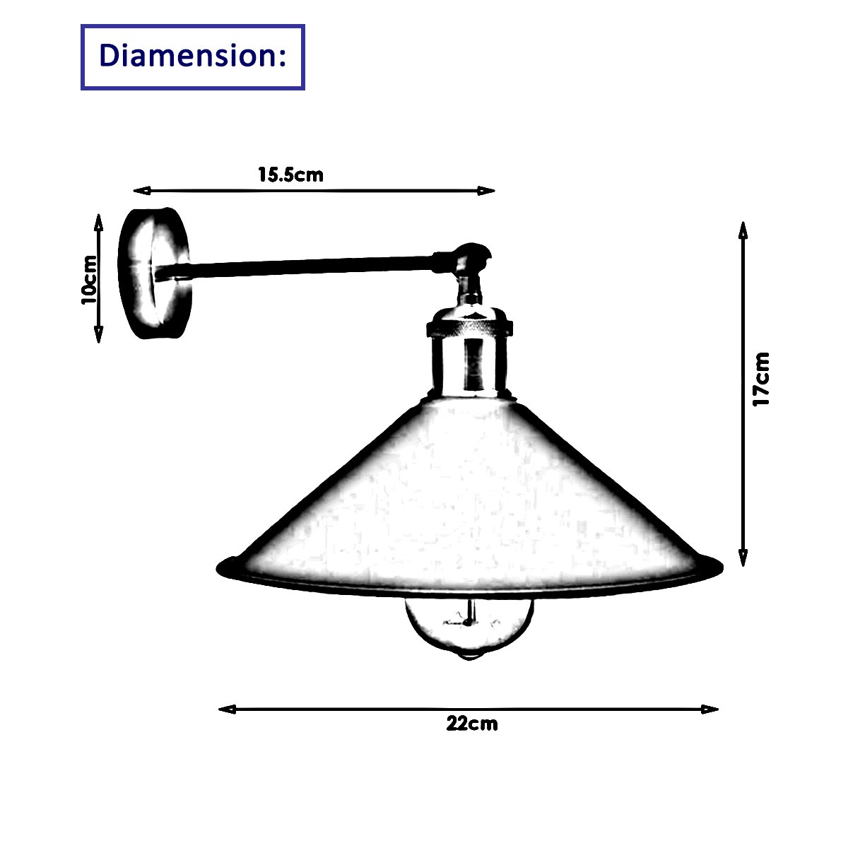 Industrial blue wall lamp with a vintage design, featuring a cone-shaped shade and adjustable arm, perfect for home and commercial use.