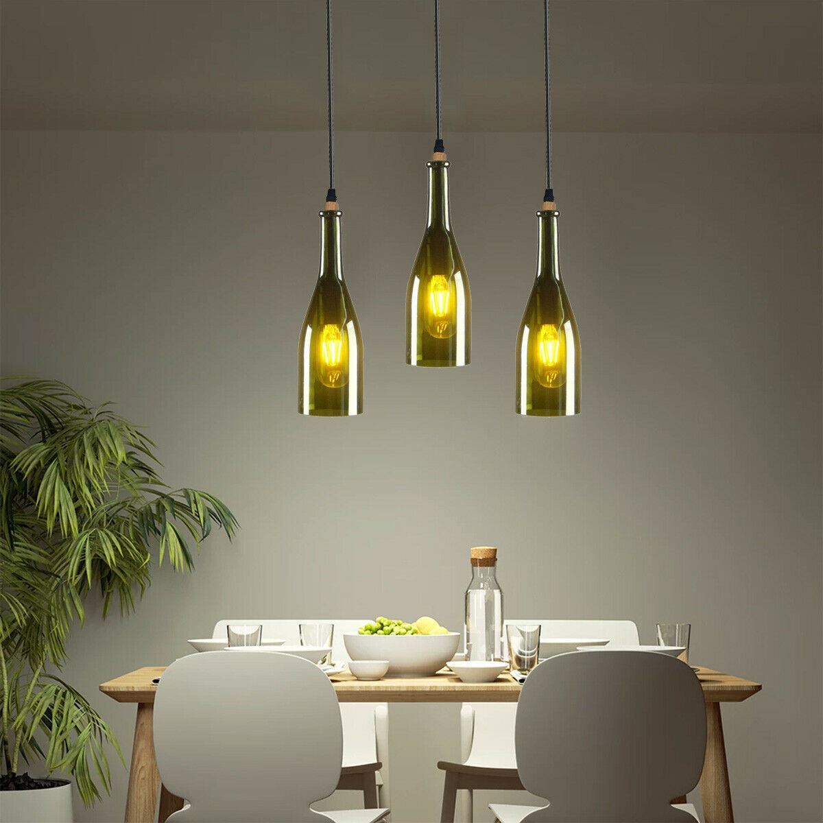 Industrial Ceiling Pendant Light featuring a 3 wine bottle cluster design with green and yellow shades, perfect for indoor decor.