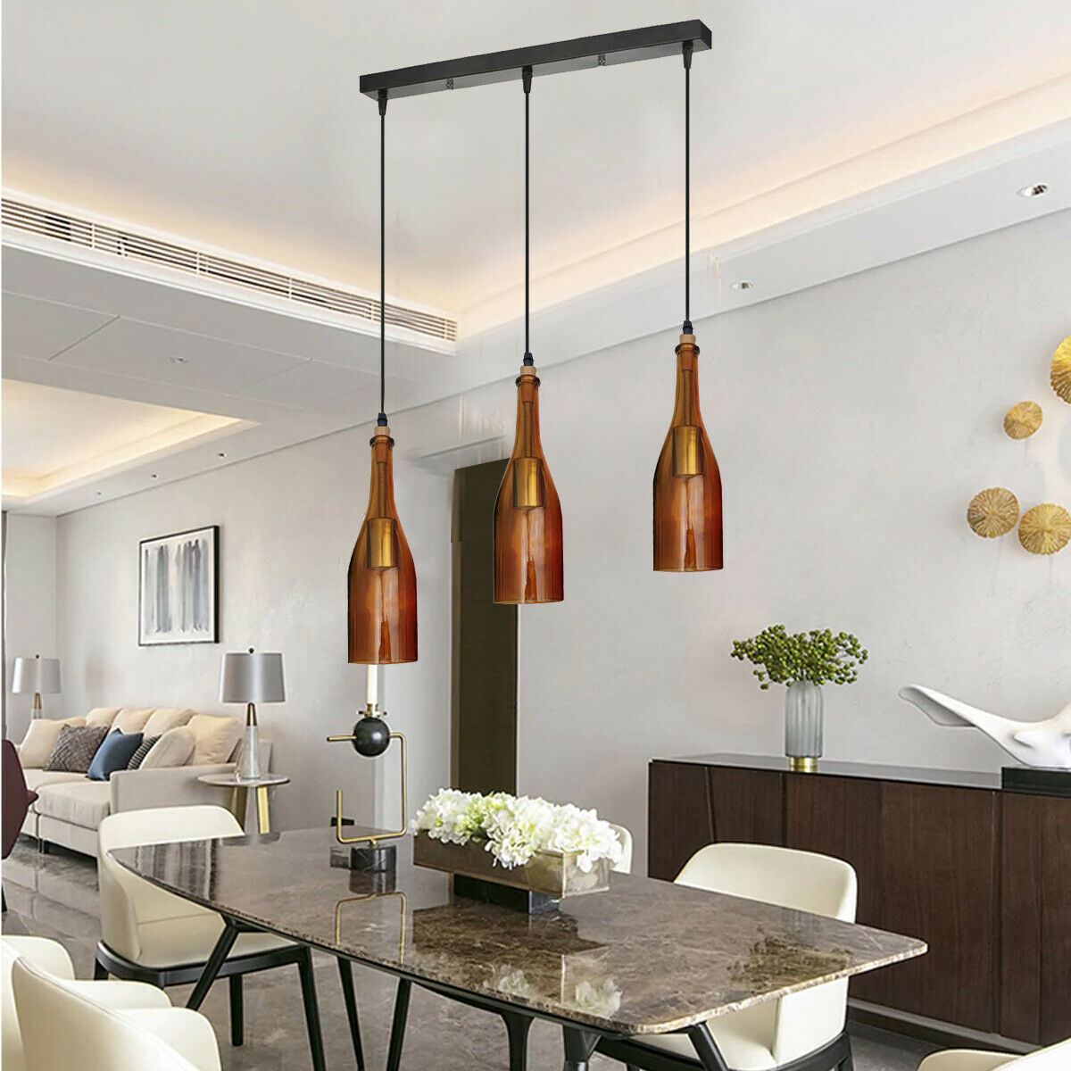 Industrial Ceiling Pendant Light featuring a 3 wine bottle cluster design with green and yellow shades, perfect for indoor decor.