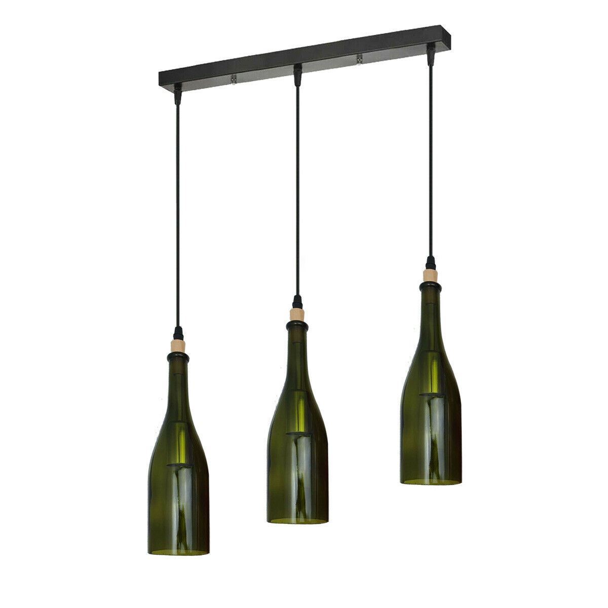 Industrial Ceiling Pendant Light featuring a 3 wine bottle cluster design with green and yellow shades, perfect for indoor decor.