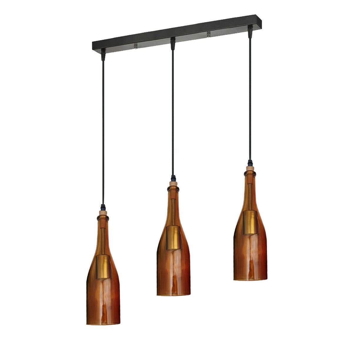 Industrial Ceiling Pendant Light featuring a 3 wine bottle cluster design with green and yellow shades, perfect for indoor decor.