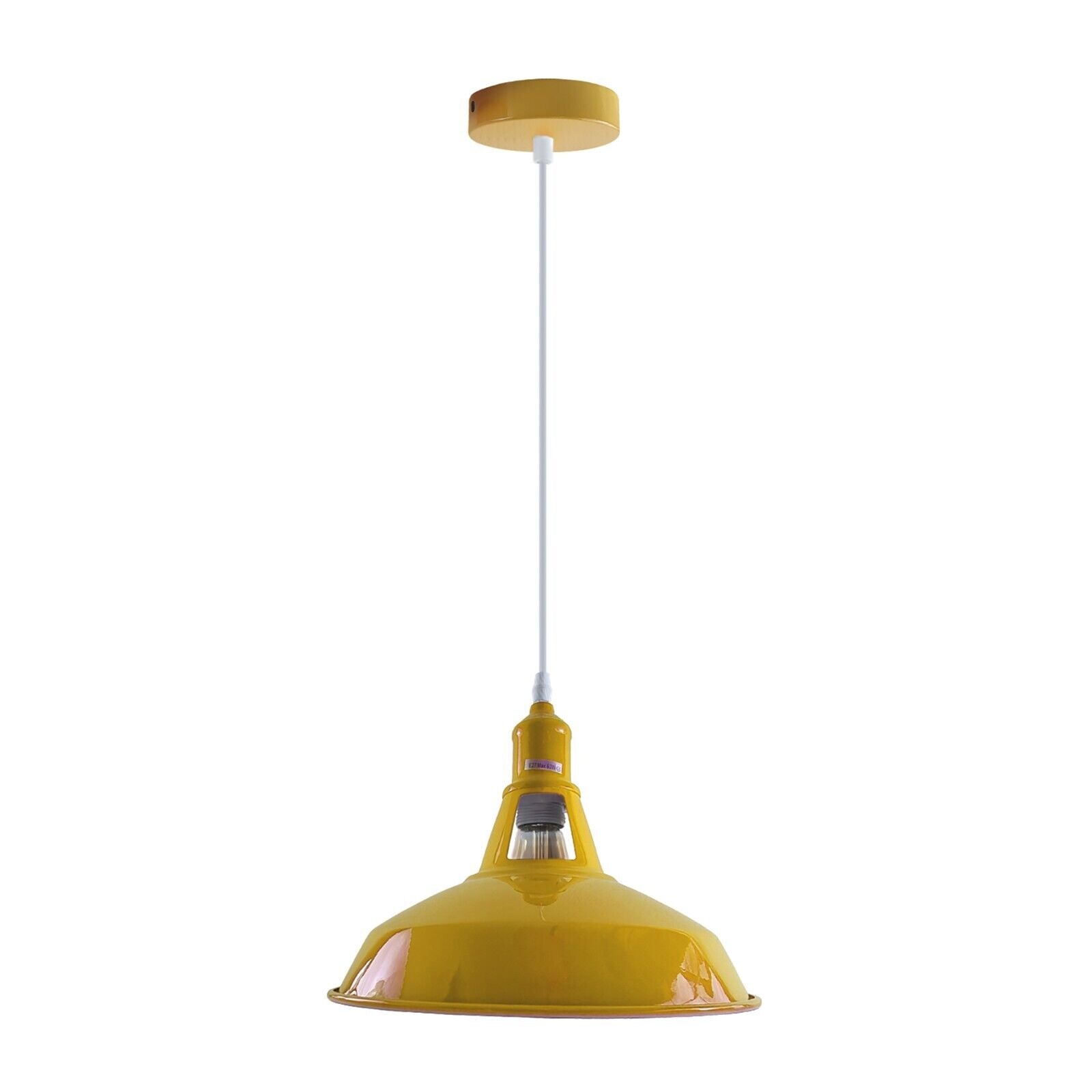 Industrial Classic Metal Ceiling Pendant Shade in vibrant yellow, showcasing a retro design with a metal shade and E27 lamp base.