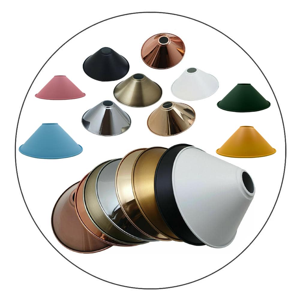 Industrial Cone Metal Easy Fit Pendant Lamp Shade in various colors including Black, White, Copper, and Rose Gold, showcasing a contemporary design.