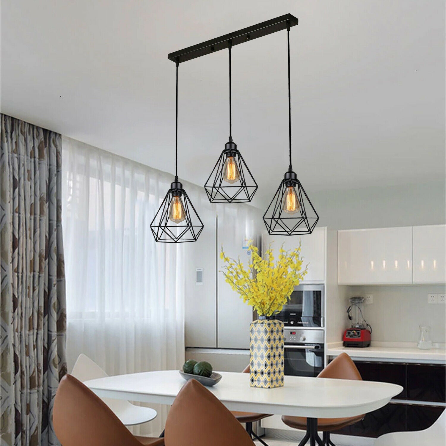 Industrial Geometric Cage Pendant Lamp showcasing a black metal design with a geometric cage structure, ideal for modern decor.