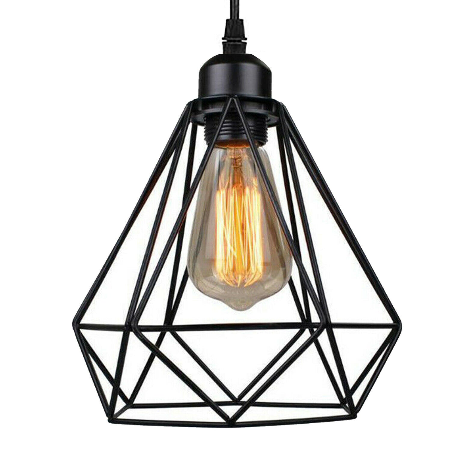 Industrial Geometric Cage Pendant Lamp showcasing a black metal design with a geometric cage structure, ideal for modern decor.