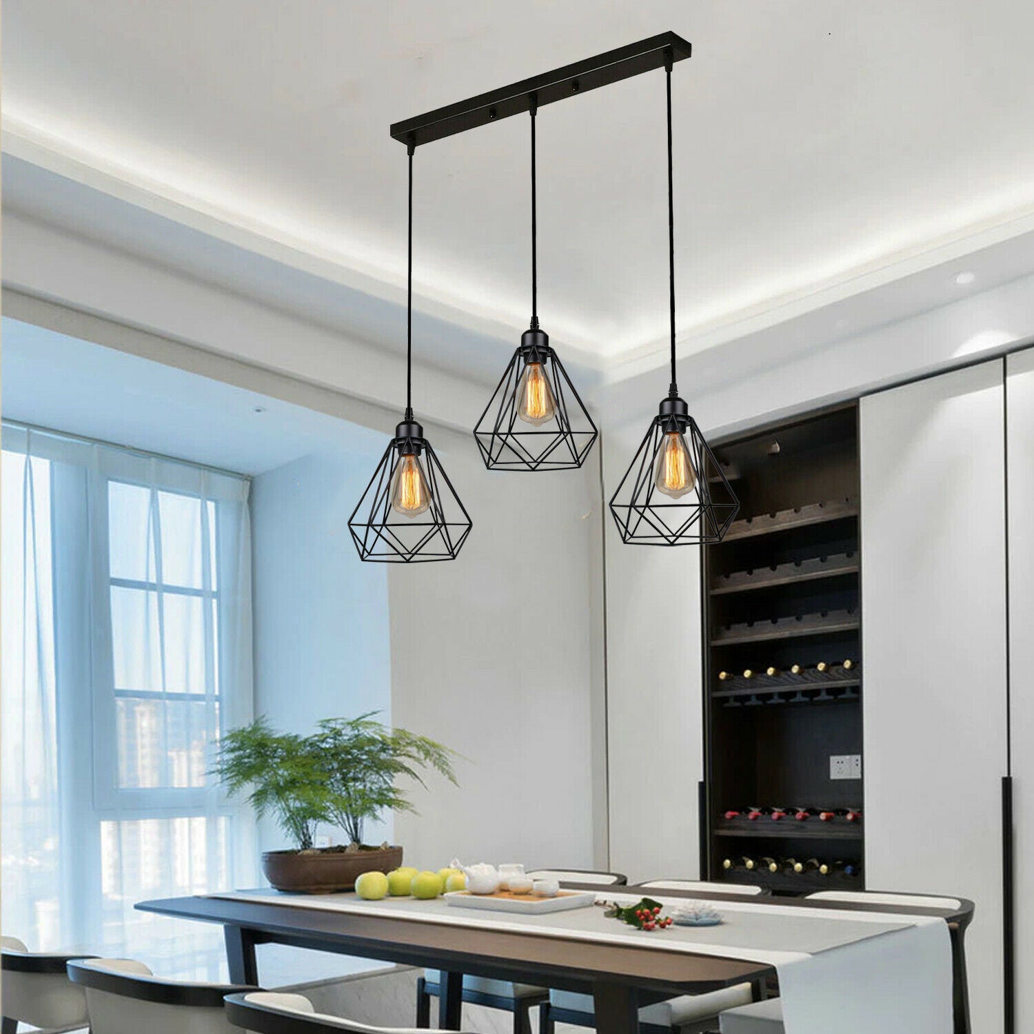 Industrial Geometric Cage Pendant Lamp showcasing a black metal design with a geometric cage structure, ideal for modern decor.