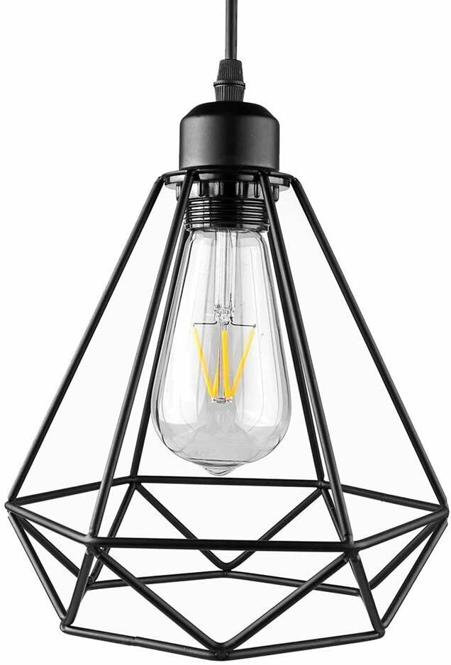 Industrial Geometric Cage Pendant Lamp showcasing a black metal design with a geometric cage structure, ideal for modern decor.