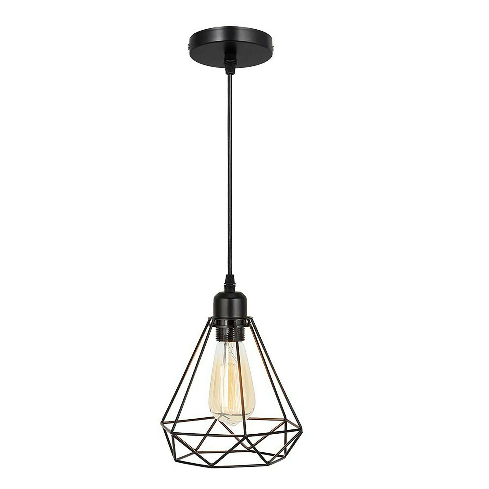 Industrial Geometric Cage Pendant Lamp showcasing a black metal design with a geometric cage structure, ideal for modern decor.