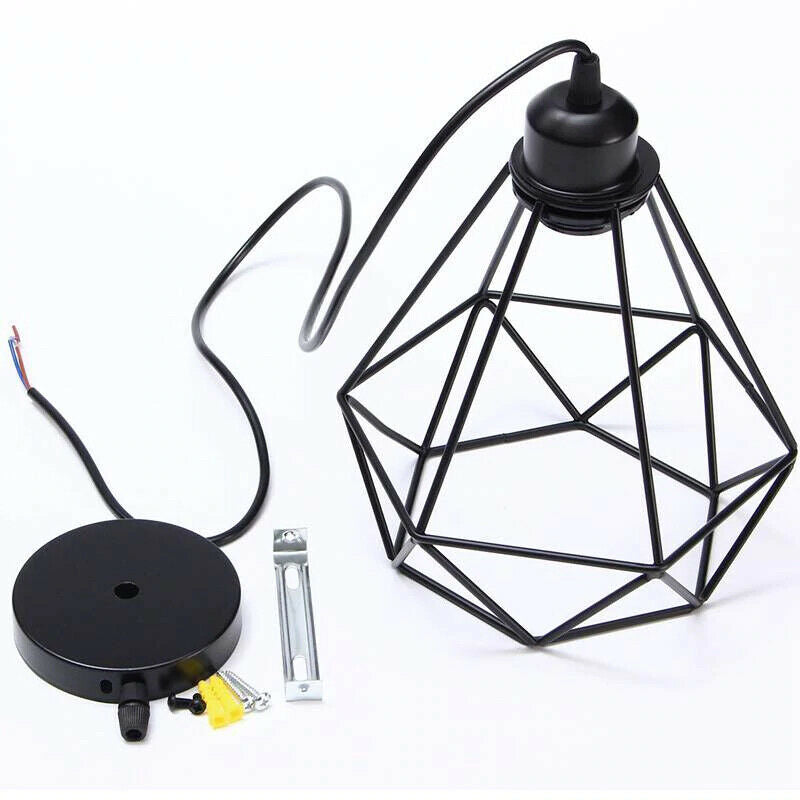 Industrial Geometric Cage Pendant Lamp showcasing a black metal design with a geometric cage structure, ideal for modern decor.