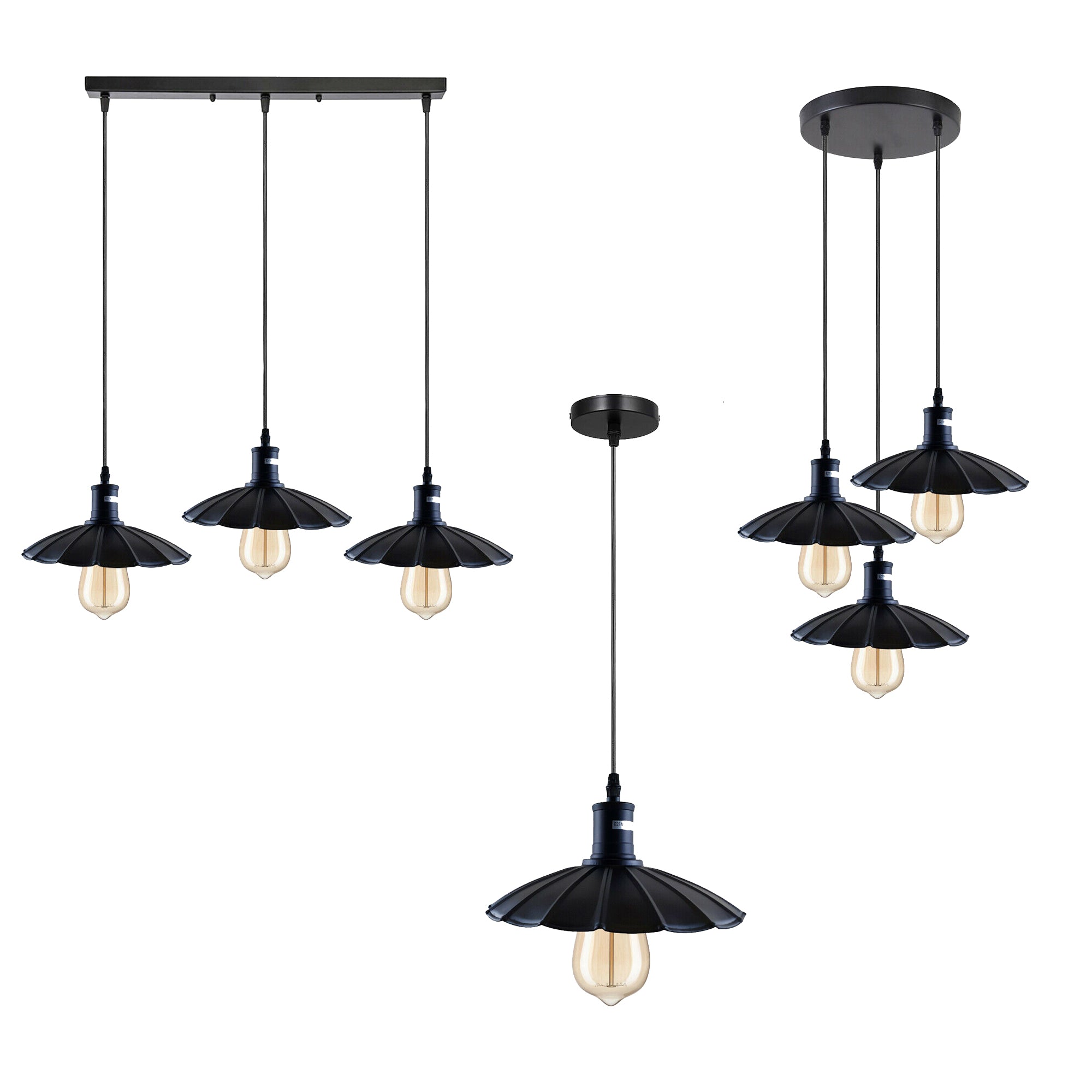 Industrial Hanging Ceiling Flower Pendant Light in black metal with PVC cable, showcasing its elegant design and adjustable height.