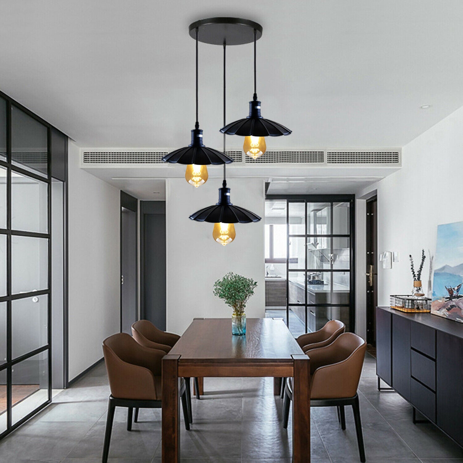 Industrial Hanging Ceiling Flower Pendant Light in black metal with PVC cable, showcasing its elegant design and adjustable height.