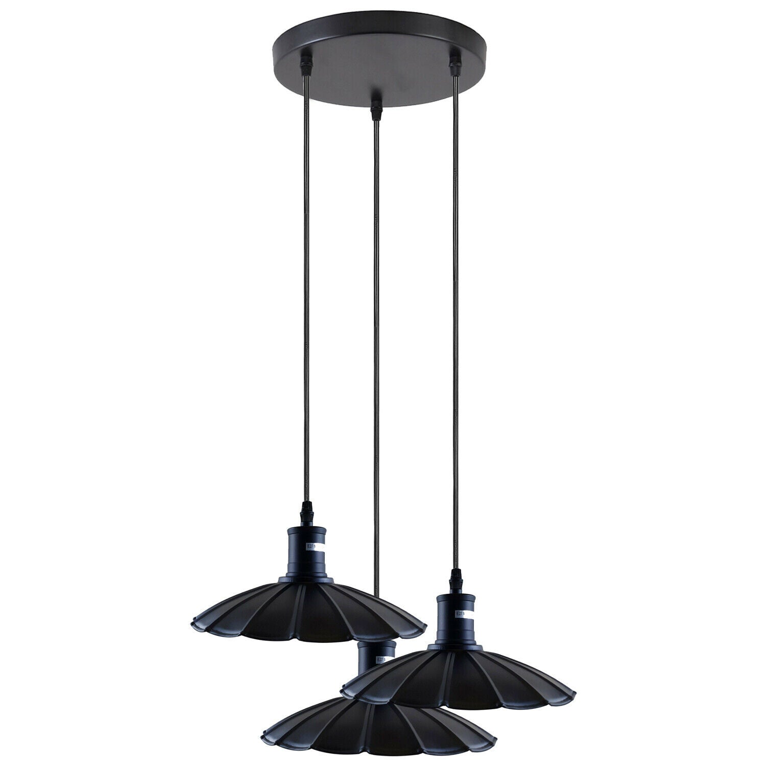 Industrial Hanging Ceiling Flower Pendant Light in black metal with PVC cable, showcasing its elegant design and adjustable height.