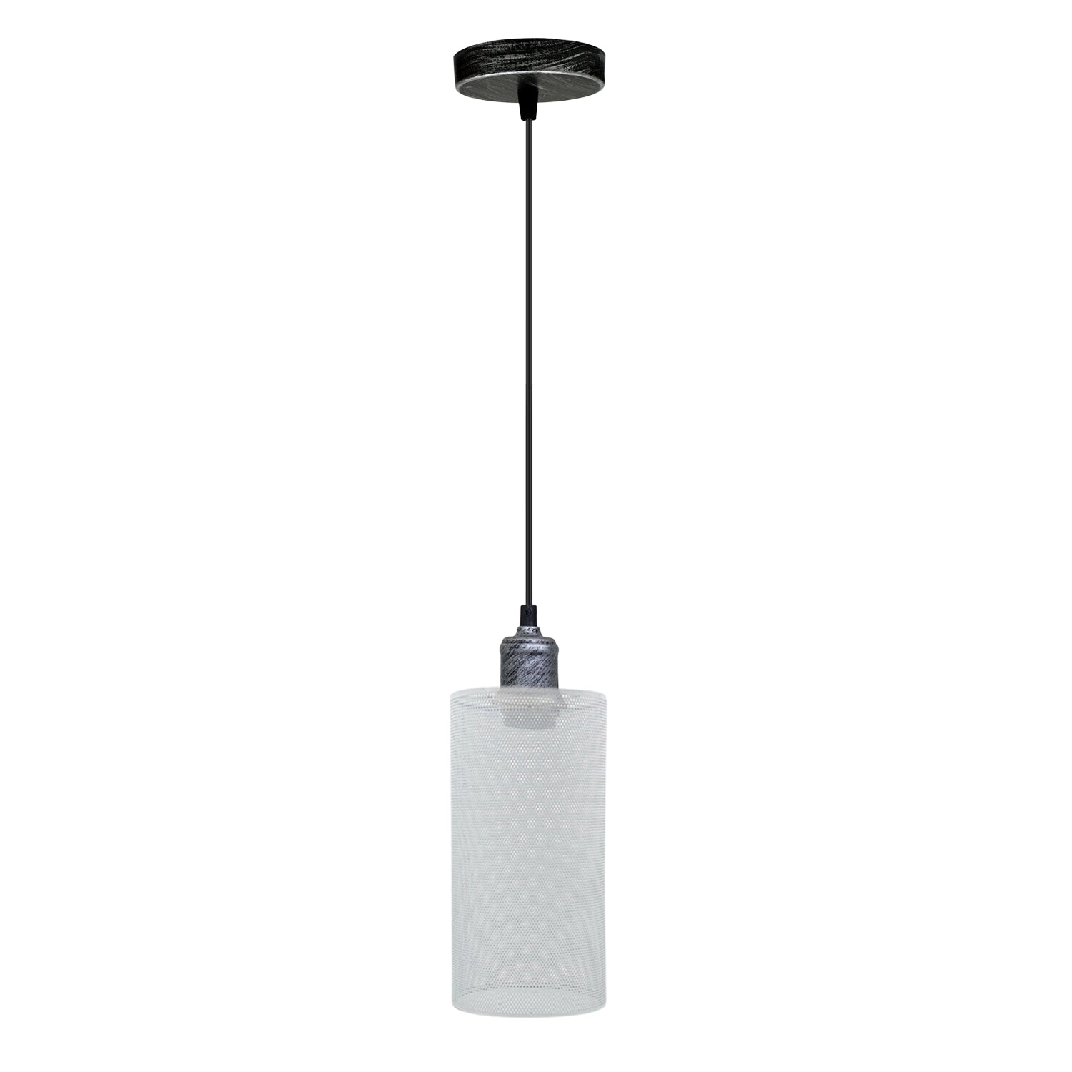 Industrial hanging lamp shade in white with brushed silver accents, designed for Nordic-style decor.