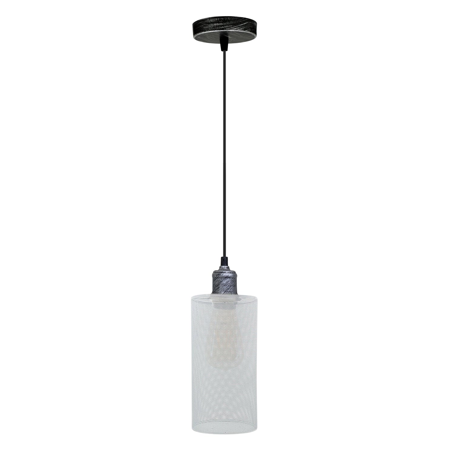 Industrial hanging lamp shade in white with brushed silver accents, designed for Nordic-style decor.