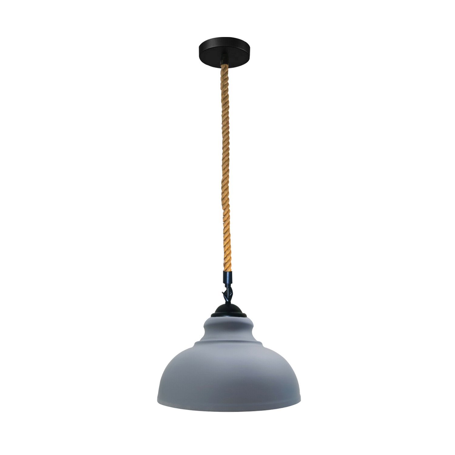 Industrial Hemp Rope Hanging Pendant Light Fixture in Grey with a sleek dome design and hemp rope cable.