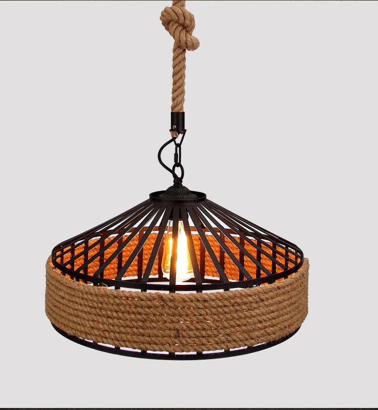 Industrial Hemp Rope Pendant Light showcasing a rustic design with a hemp rope shade and Edison-style bulb.