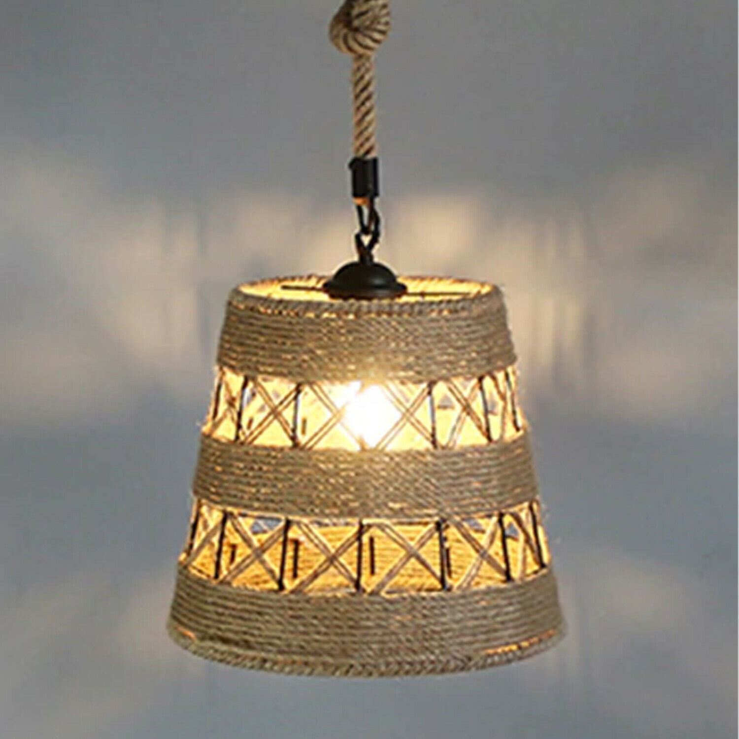 Industrial Hemp Rope Pendant Light showcasing a rustic design with a hemp rope shade and Edison-style bulb.