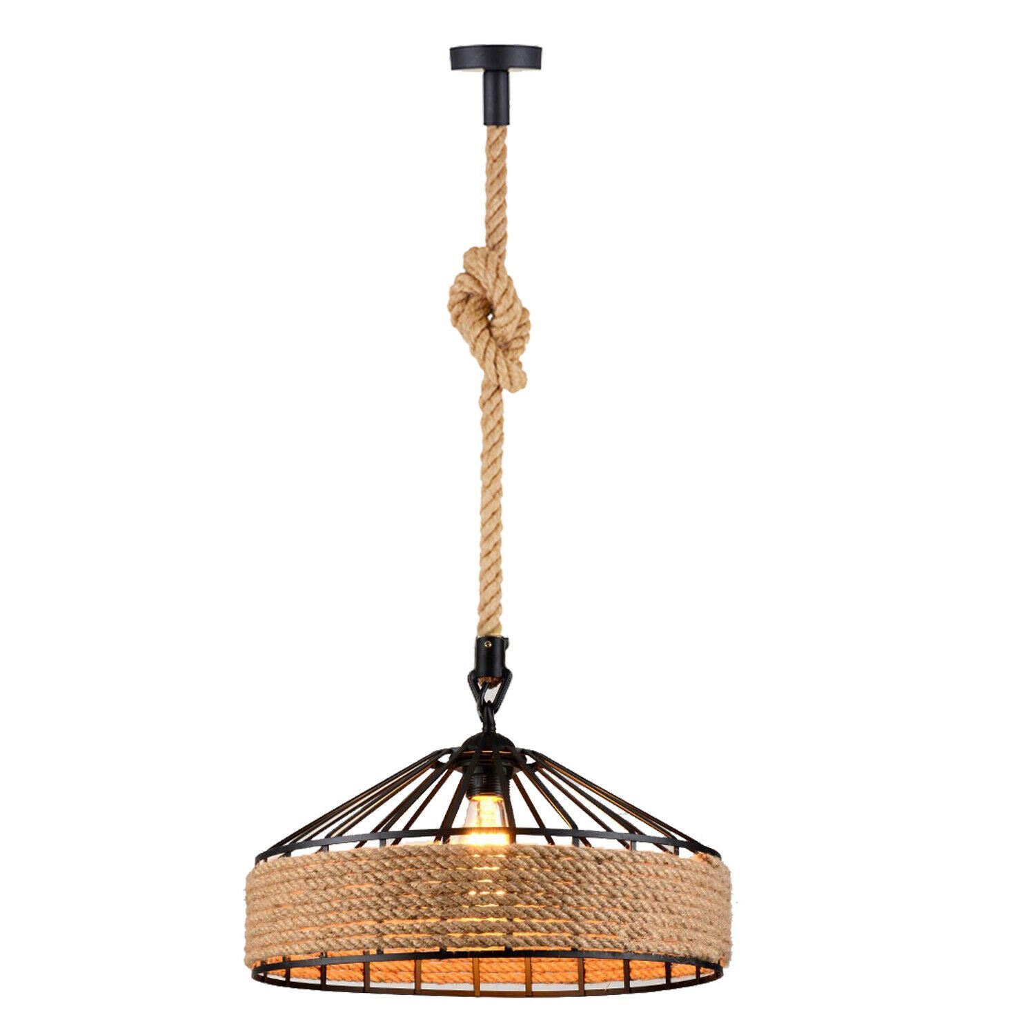 Industrial Hemp Rope Pendant Light showcasing a rustic design with a hemp rope shade and Edison-style bulb.