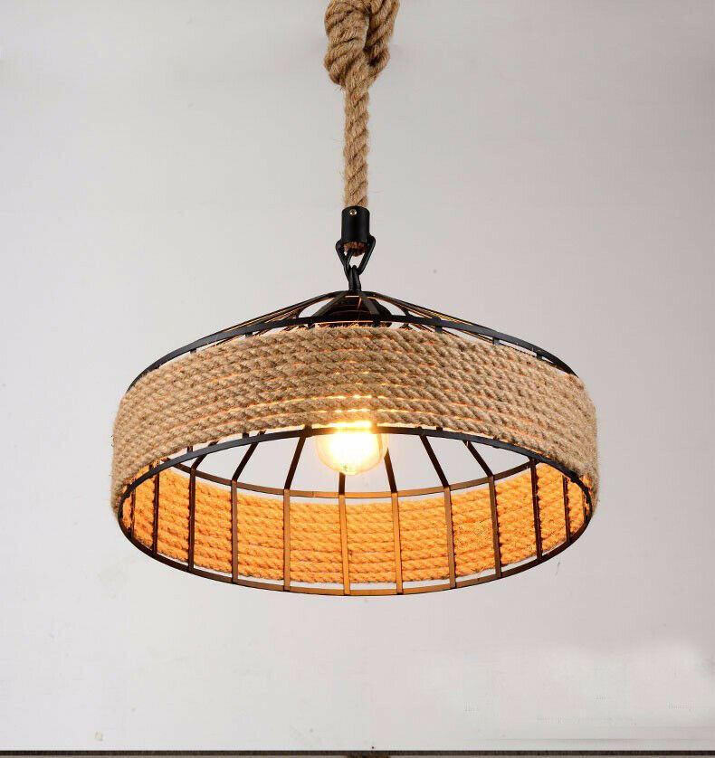 Industrial Hemp Rope Pendant Light showcasing a rustic design with a hemp rope shade and Edison-style bulb.