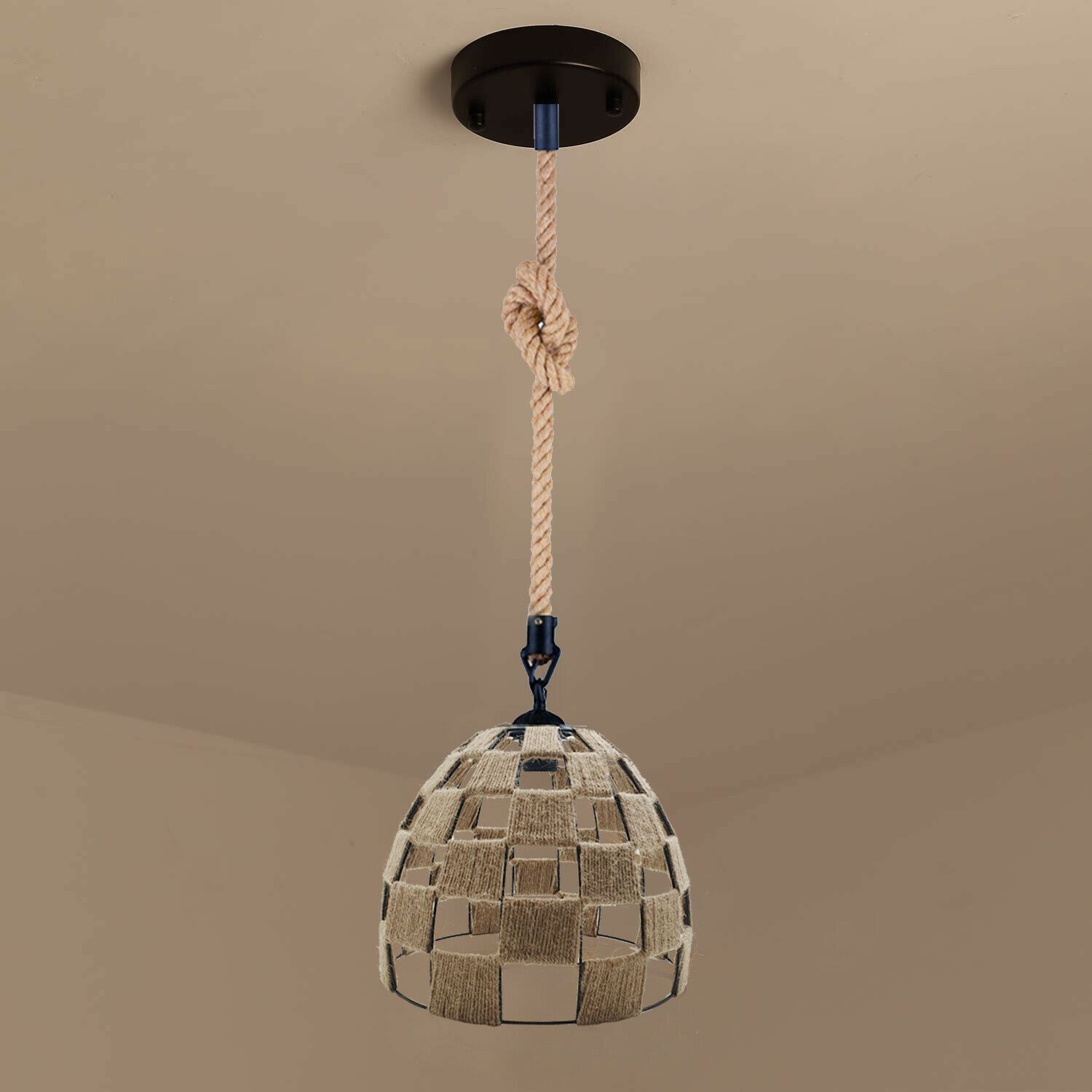 Industrial Hemp Rope Pendant Light showcasing a rustic design with a hemp rope shade and Edison-style bulb.