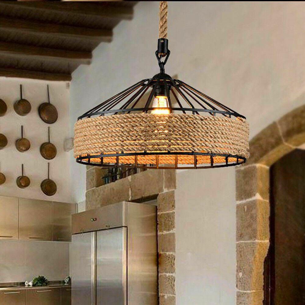 Industrial Hemp Rope Pendant Light showcasing a rustic design with a hemp rope shade and Edison-style bulb.