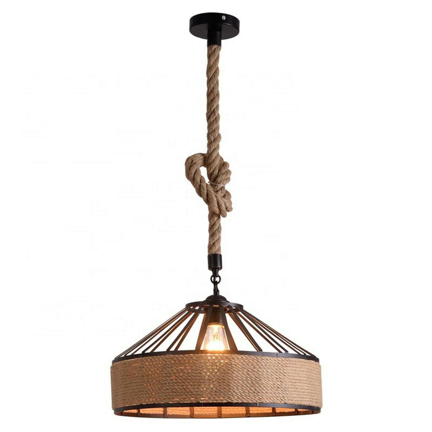 Industrial Hemp Rope Pendant Light showcasing a rustic design with a hemp rope shade and Edison-style bulb.