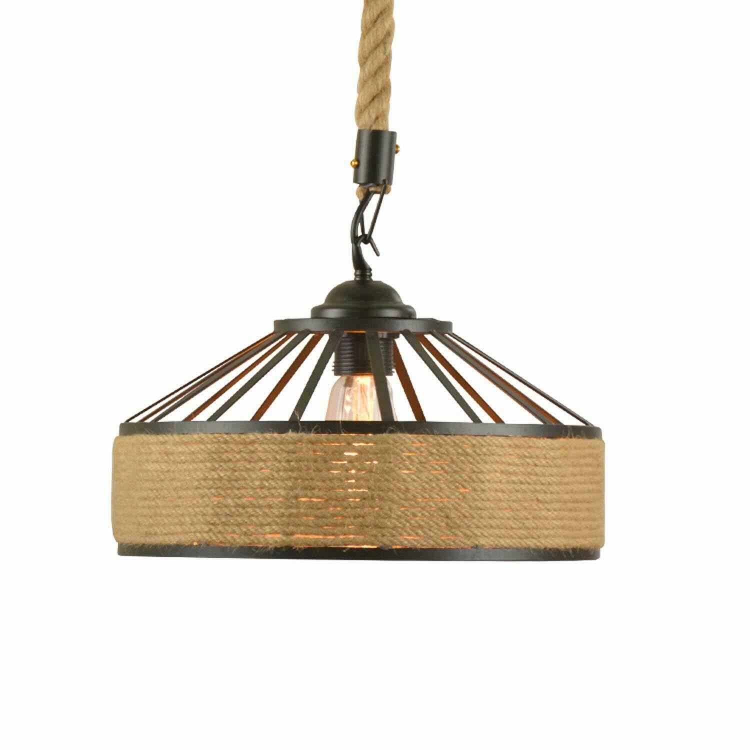 Industrial Hemp Rope Pendant Light showcasing a rustic design with a hemp rope shade and Edison-style bulb.