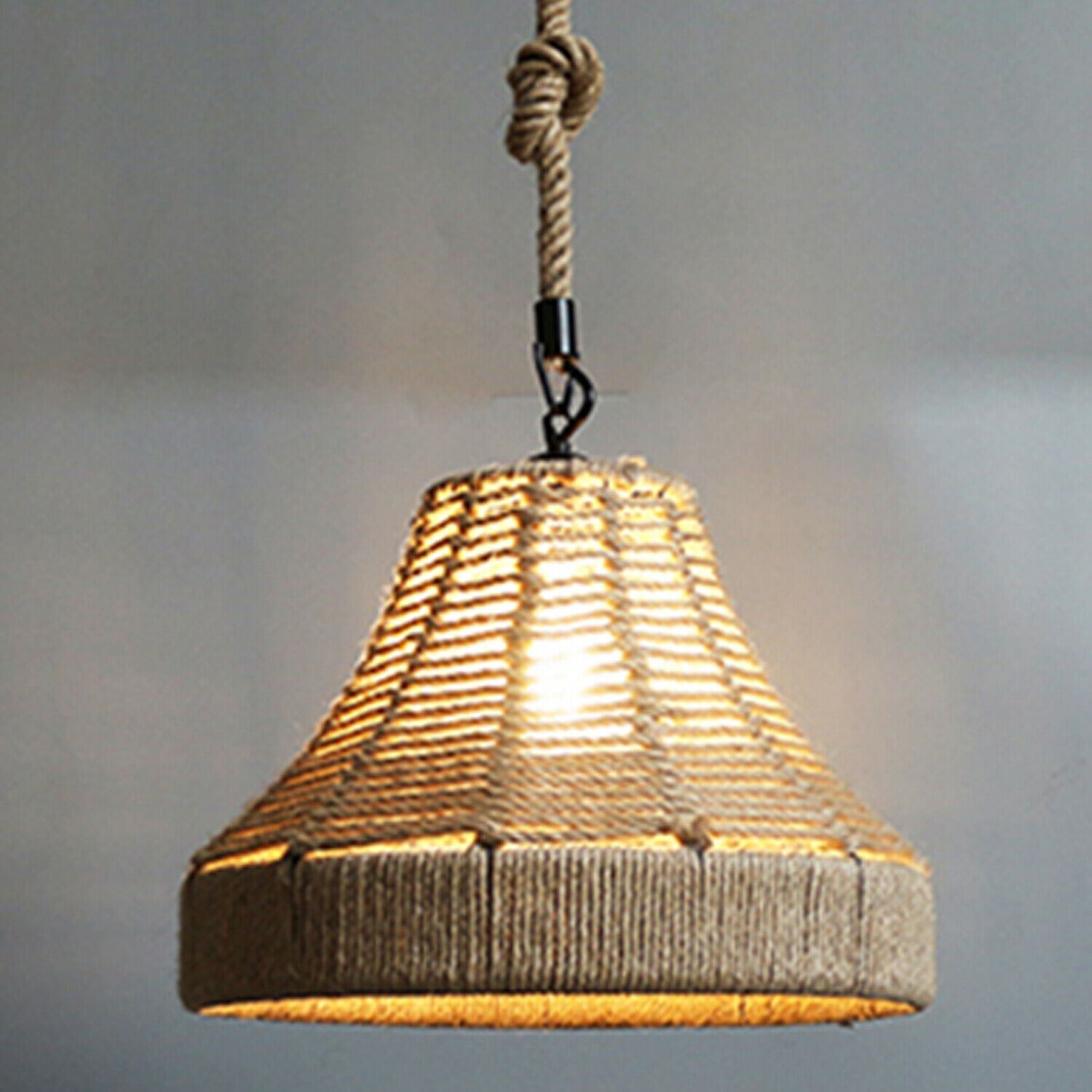 Industrial Hemp Rope Pendant Light showcasing a rustic design with a hemp rope shade and Edison-style bulb.