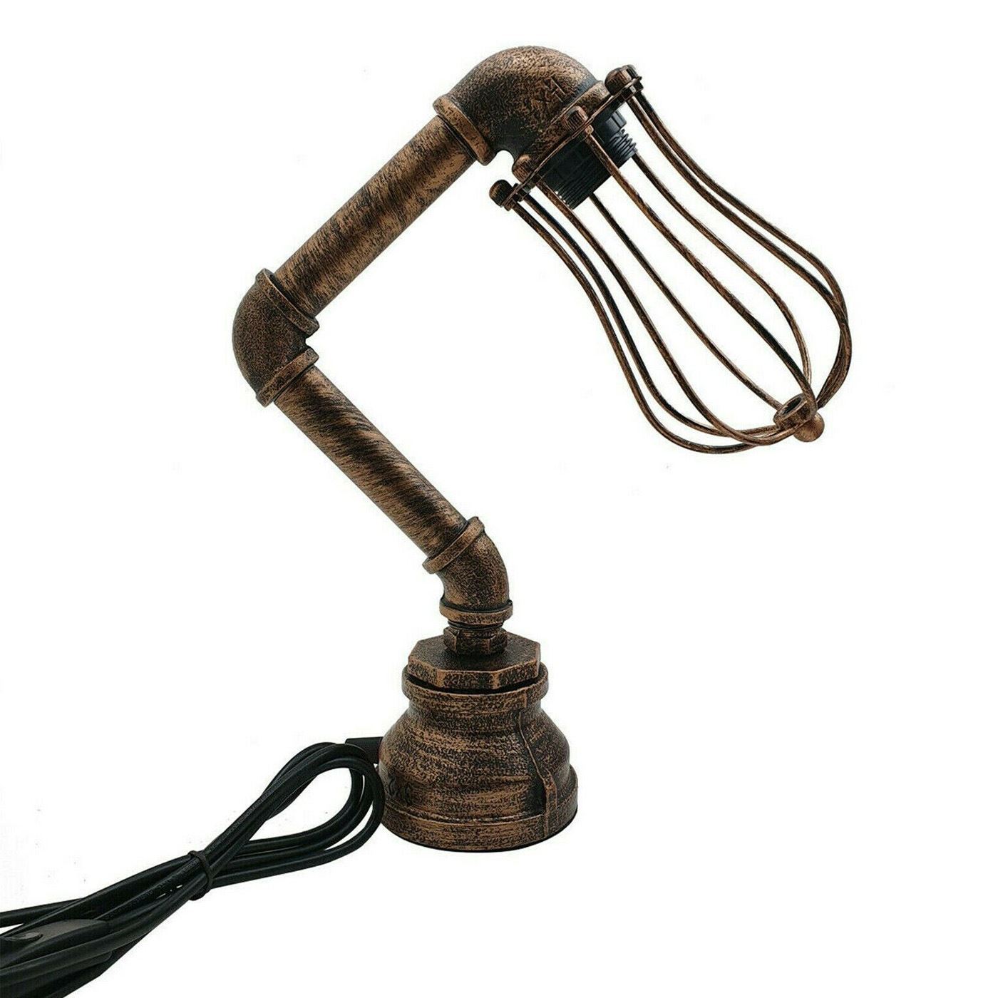 Industrial Iron Water Pipe Table Lamp with a wire cage, showcasing rustic design and multiple color options.