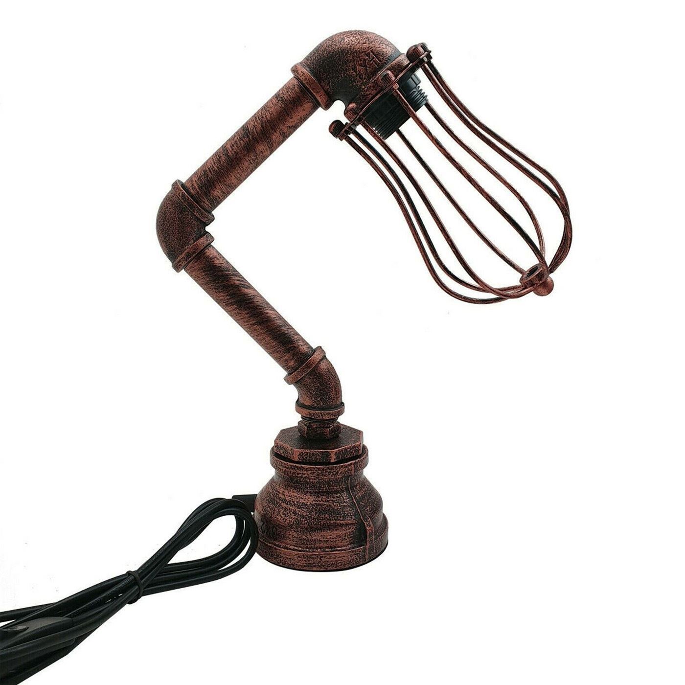 Industrial Iron Water Pipe Table Lamp with a wire cage, showcasing rustic design and multiple color options.