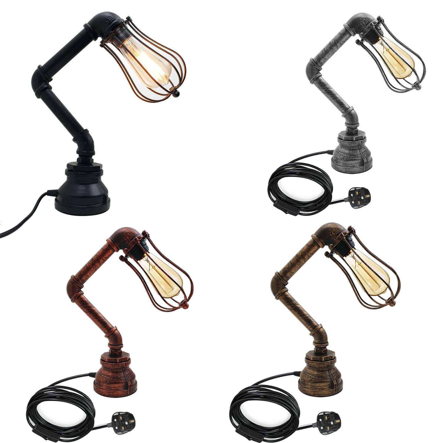 Industrial Iron Water Pipe Table Lamp with a wire cage, showcasing rustic design and multiple color options.