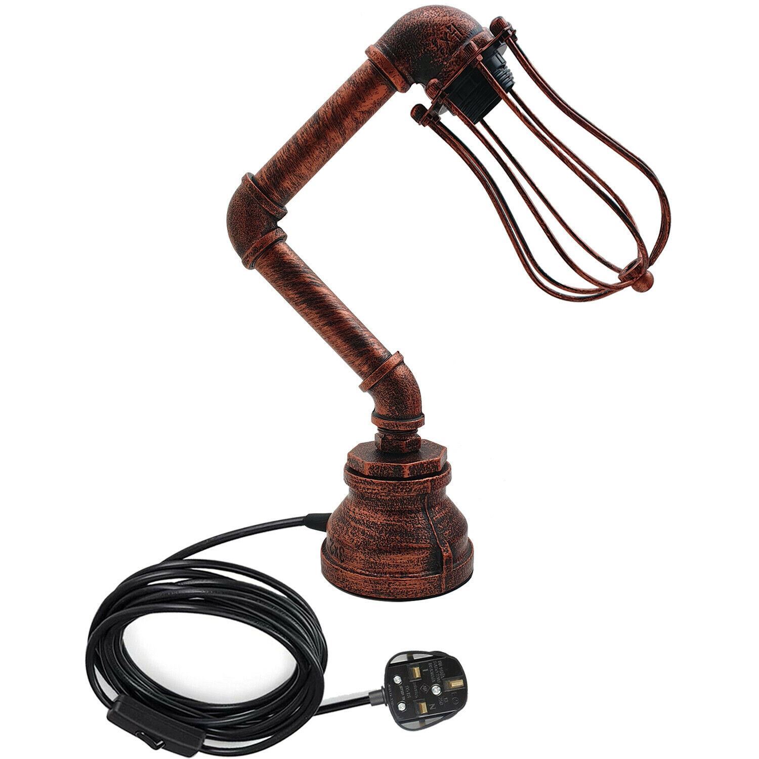 Industrial Iron Water Pipe Table Lamp with a wire cage, showcasing rustic design and multiple color options.