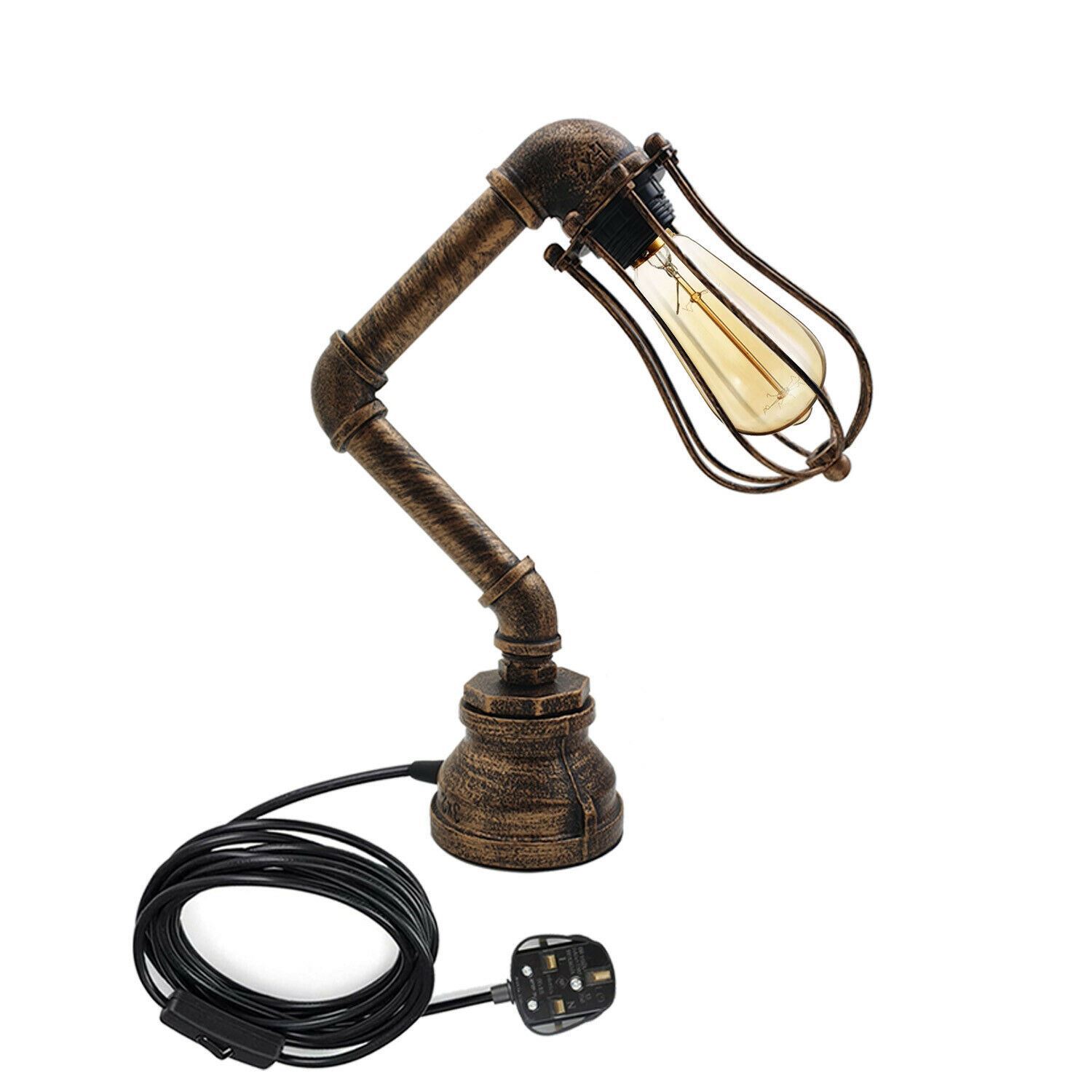 Industrial Iron Water Pipe Table Lamp with a wire cage, showcasing rustic design and multiple color options.